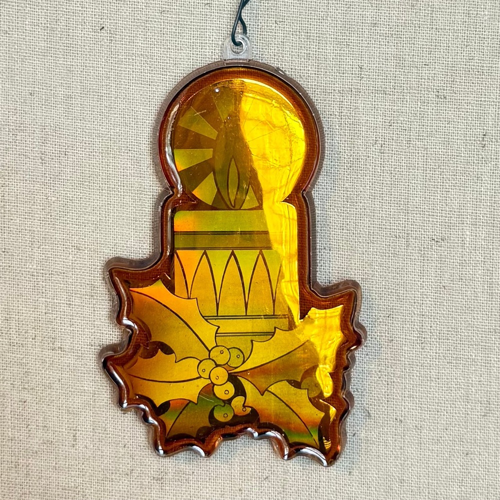 Vintage Christmas Candle Suncatcher Holographic Amber Holly Mid Century Ornament